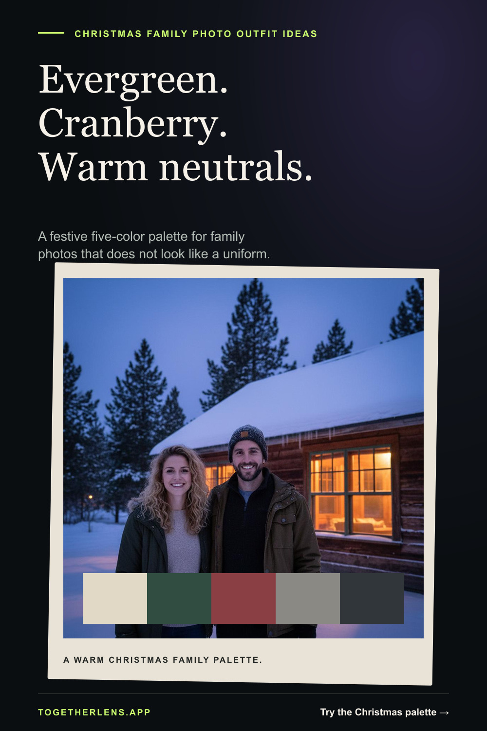 Christmas family photo color scheme with oatmeal, evergreen, cranberry, wool gray, and charcoal