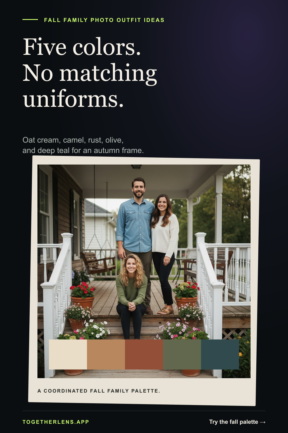 Fall family photo color scheme with oat cream, camel, rust, olive, and deep teal