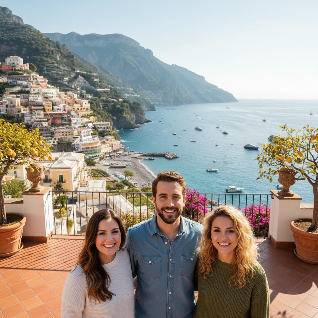 AI-generated couple portrait on an Amalfi Coast terrace