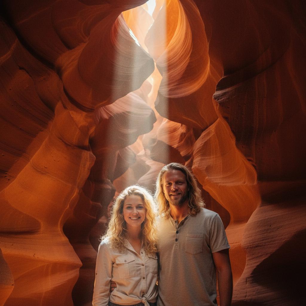 AI-generated group photo style: Arizona — Antelope Canyon Beams