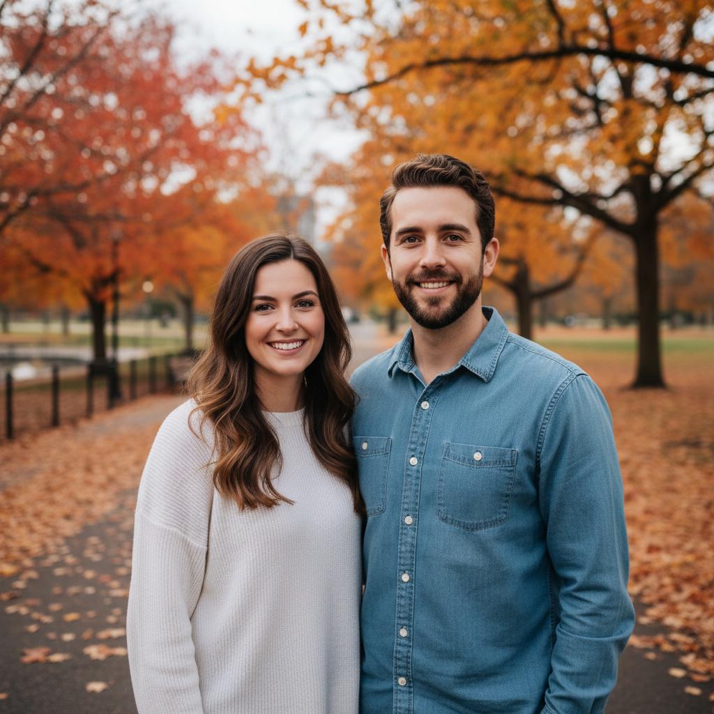 Respectful AI memorial portrait in a quiet autumn park