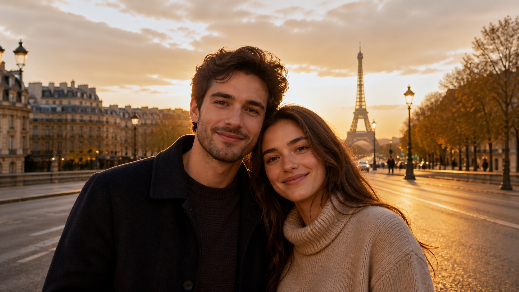 AI-generated illustrative couple portrait on a Paris street