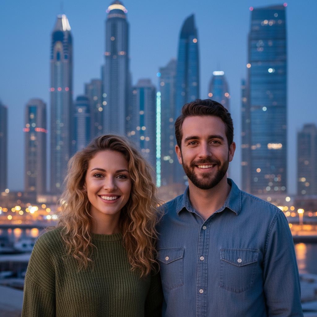 AI-generated group photo style: UAE — Dubai Marina Skyline