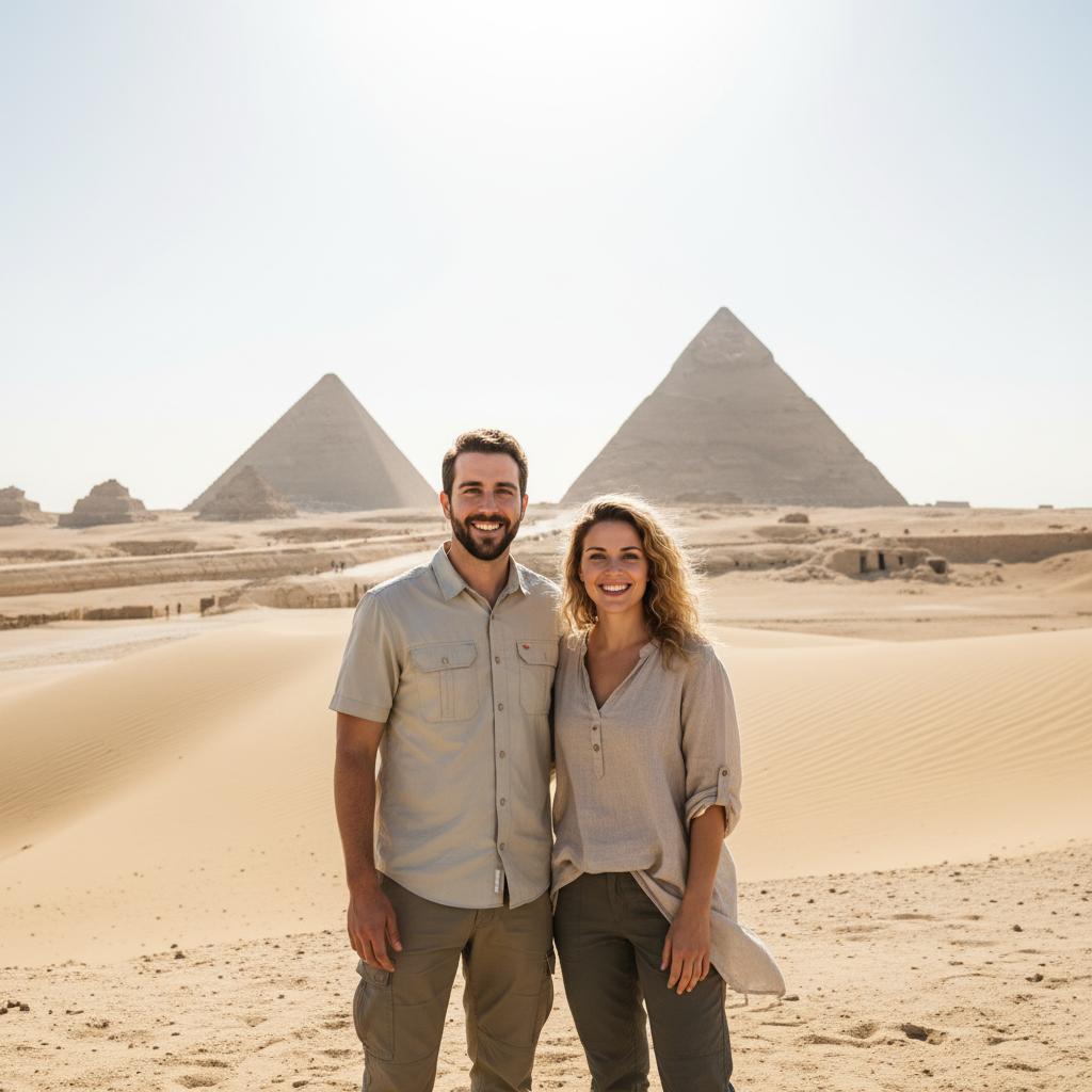 AI-generated group photo style: Egypt — Pyramids of Giza
