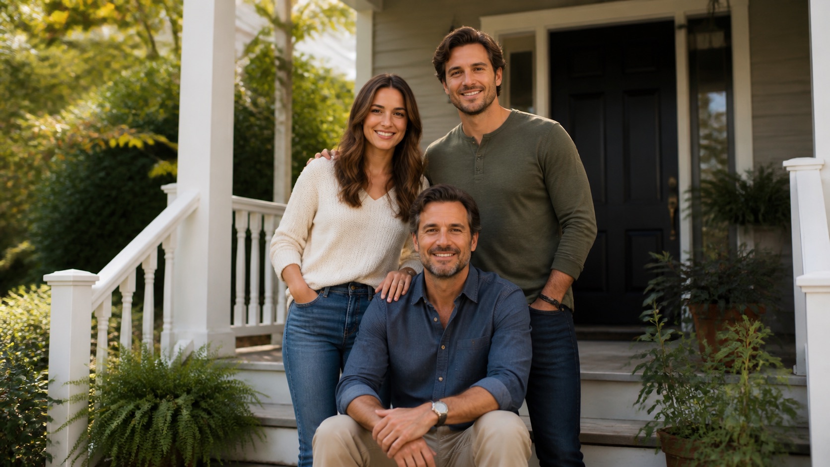 AI-generated illustrative family portrait on a front porch