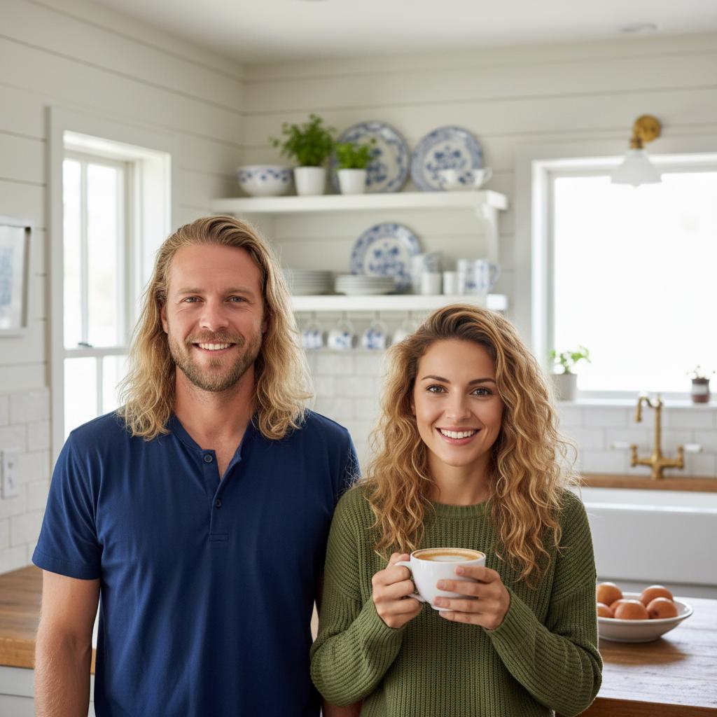 Warm AI-generated family portrait in a farmhouse kitchen