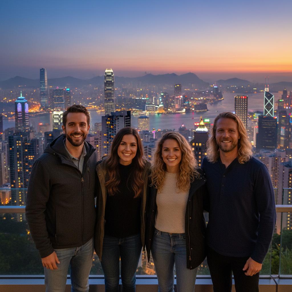 AI-generated group photo style: Hong Kong — Victoria Peak