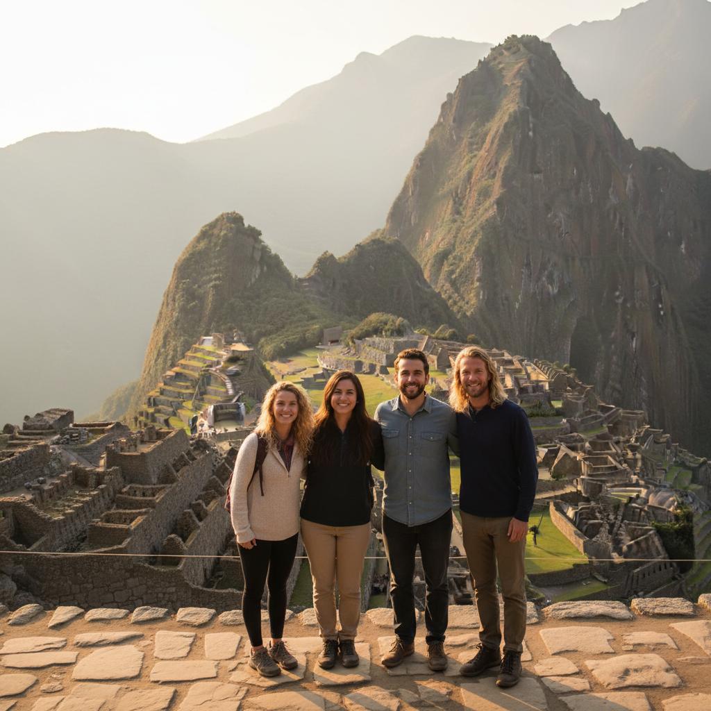 AI-generated group photo style: Peru — Machu Picchu Sunrise