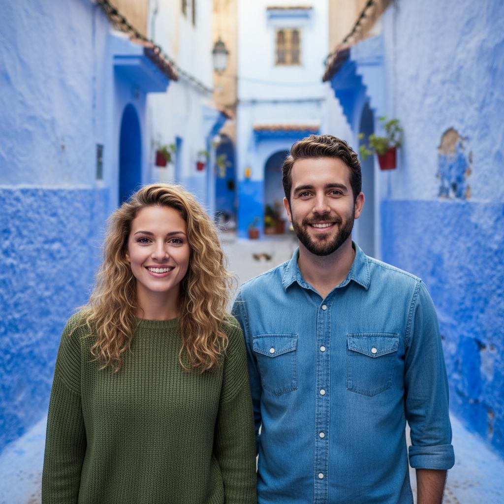 AI-generated group photo style: Morocco — Blue City (Chefchaouen)