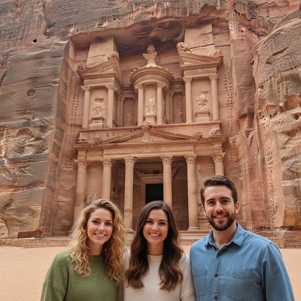 AI-generated group photo style: Jordan — Petra Treasury