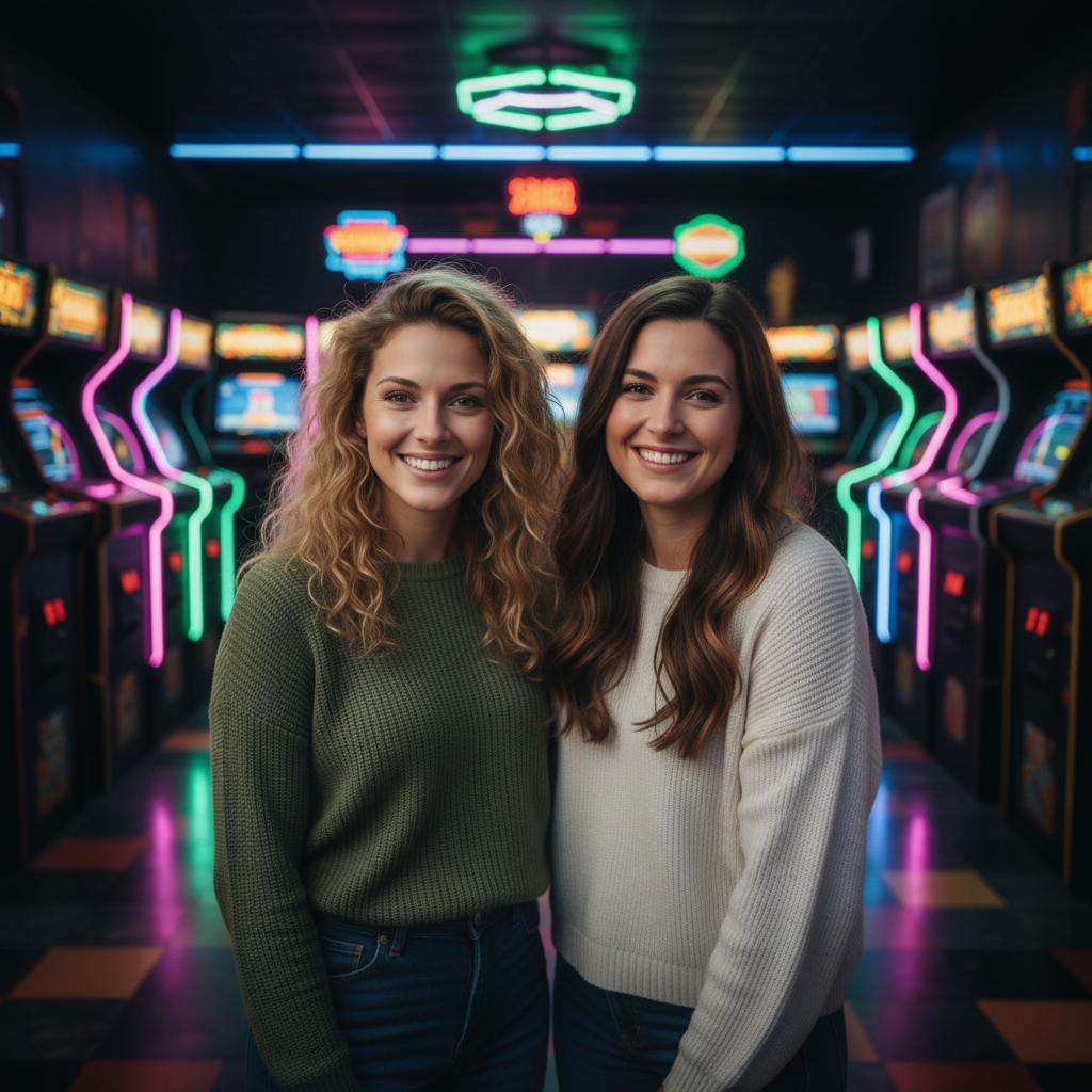 AI-generated group photo style: Retro — Neon Arcade