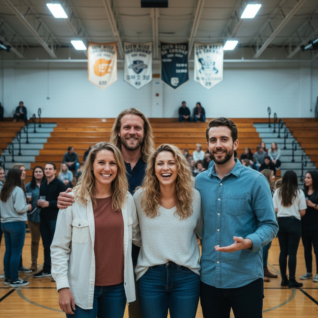 AI-generated family reunion photo with four relatives in a school gym