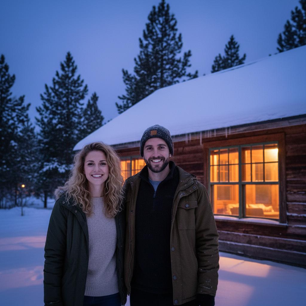AI-generated family holiday portrait outside a snowy cabin
