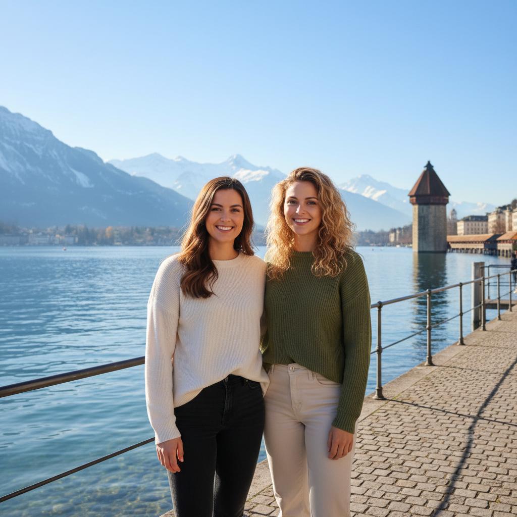 AI-generated group photo style: Switzerland — Lucerne Lakeside