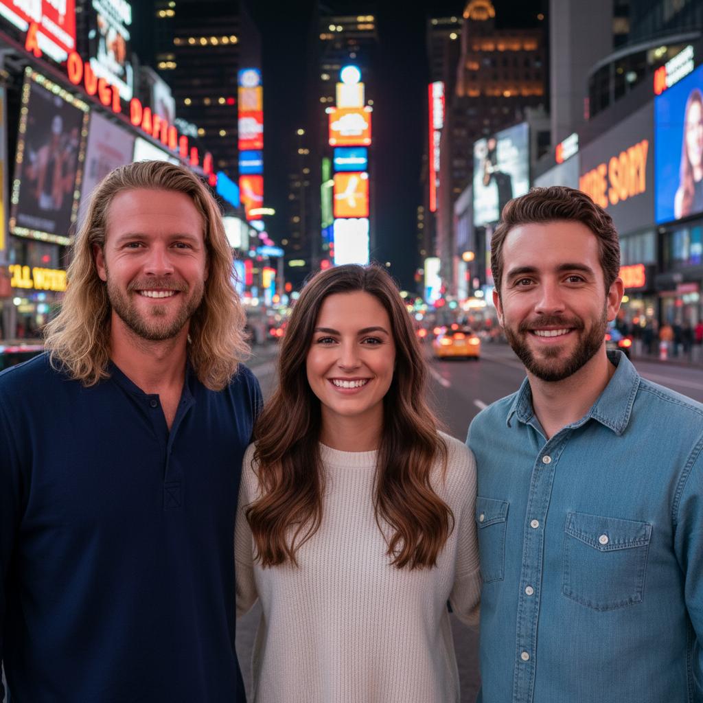 AI-generated group photo style: New York — Times Square Night