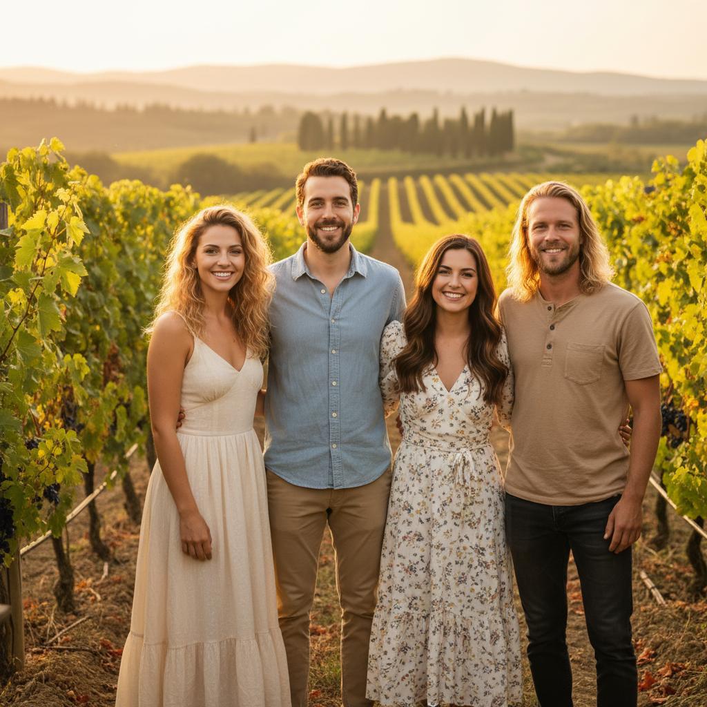 AI-generated group photo style: Italy — Tuscany Vineyard Sunset